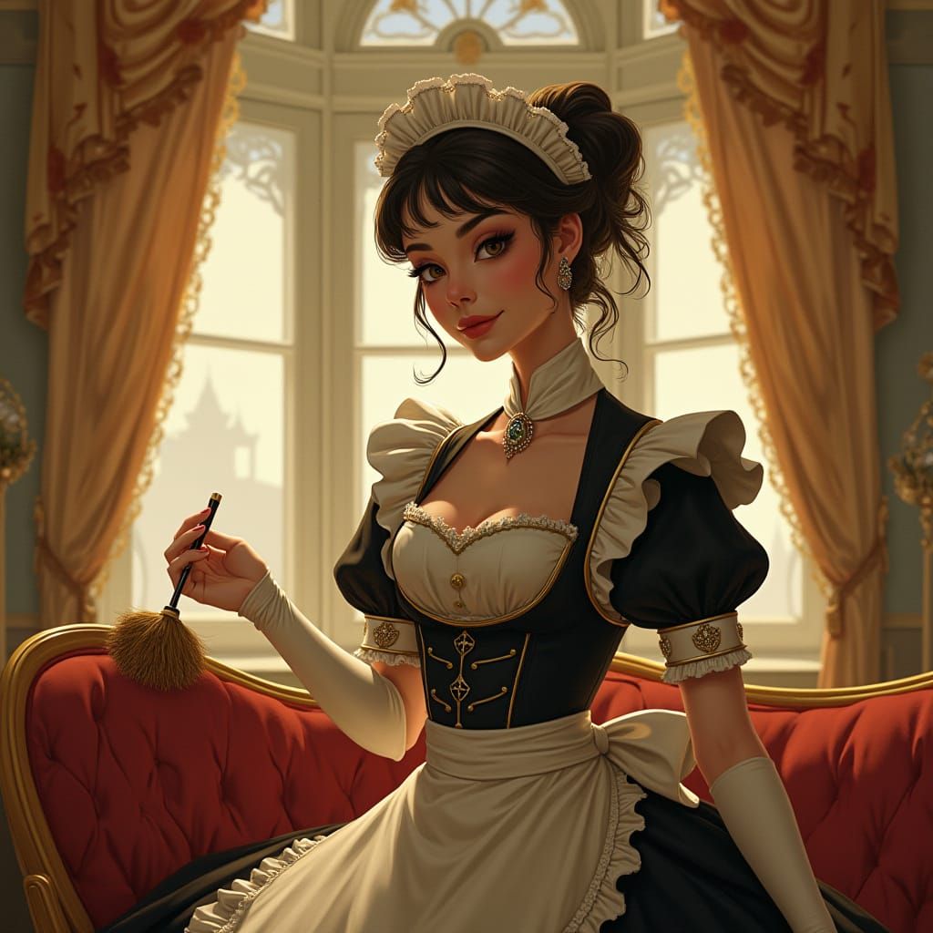 Elegant Maid in Ornate Art Nouveau Uniform