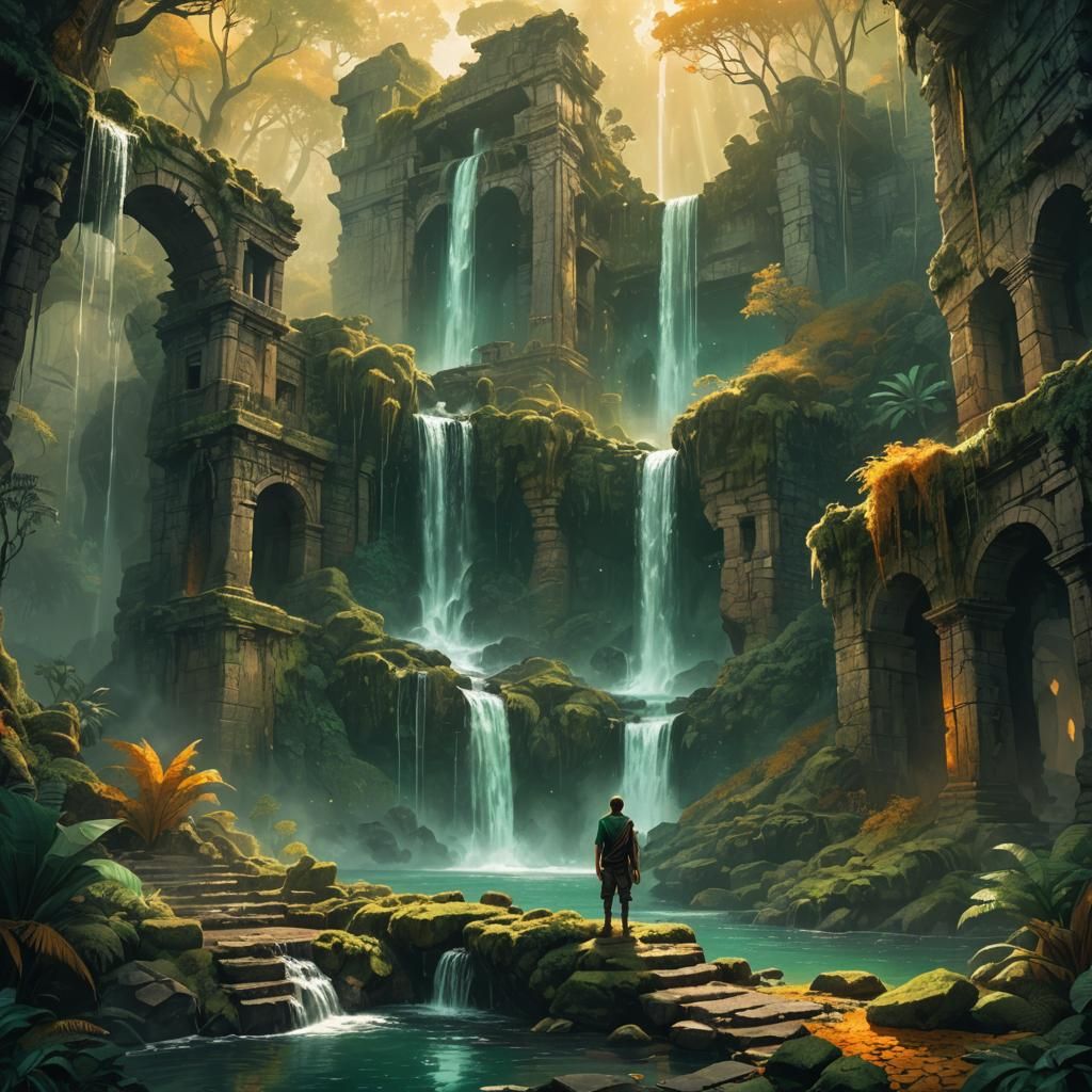 Mystical Waterfall Landscape with Ancient Ruins