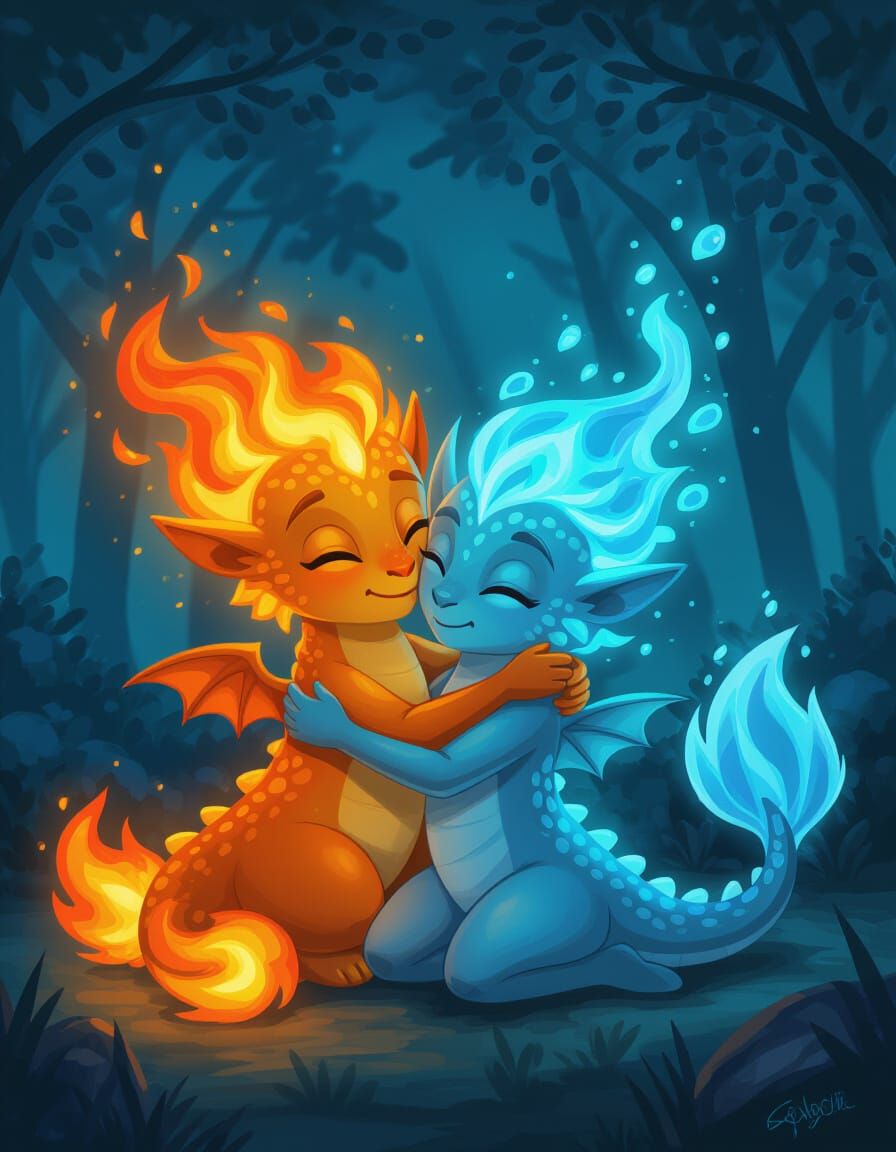 Cute Fire and Water Elementals Hugging in Fantasy Realm