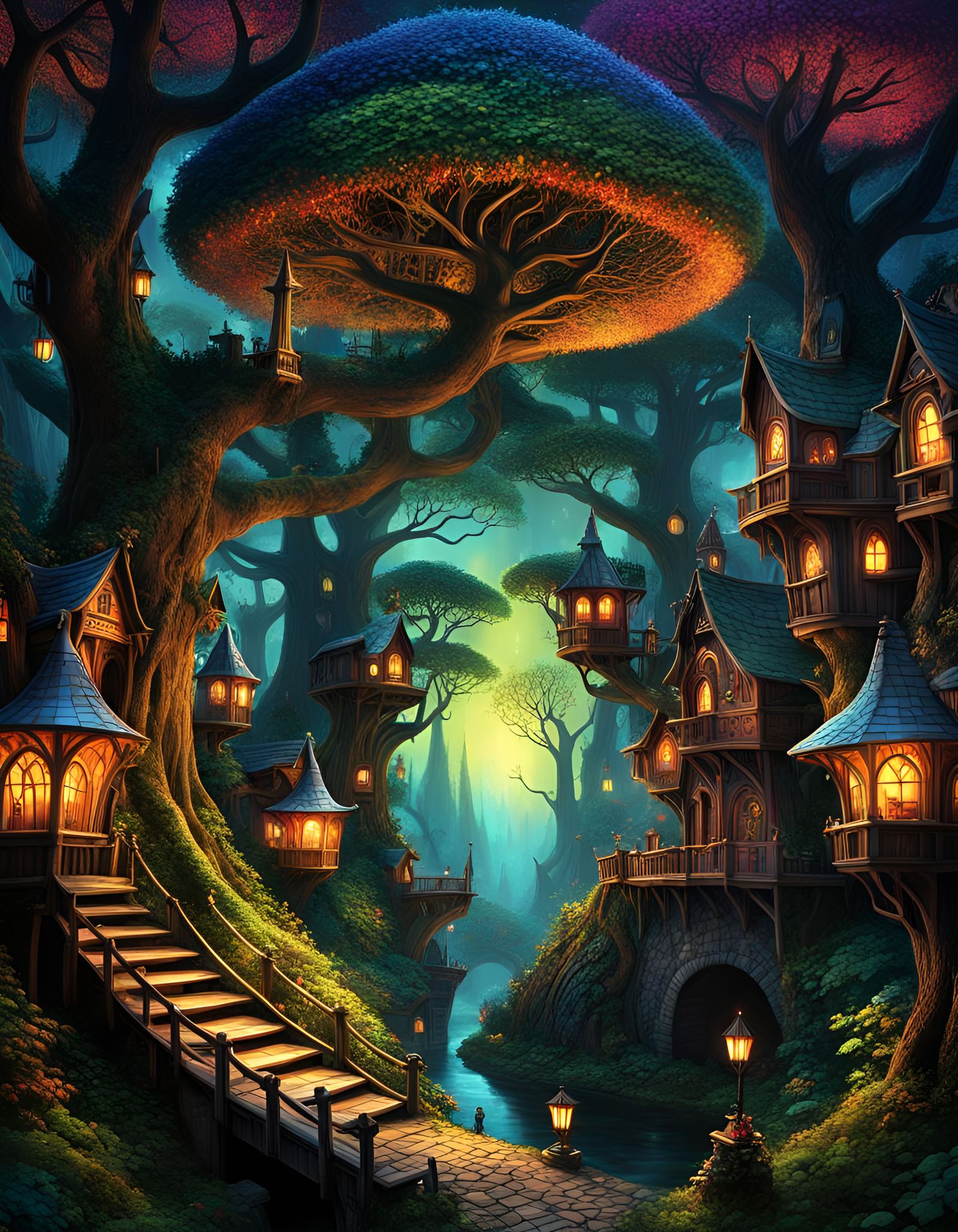 Magical Fairytale Village Optical Illusion in Woods