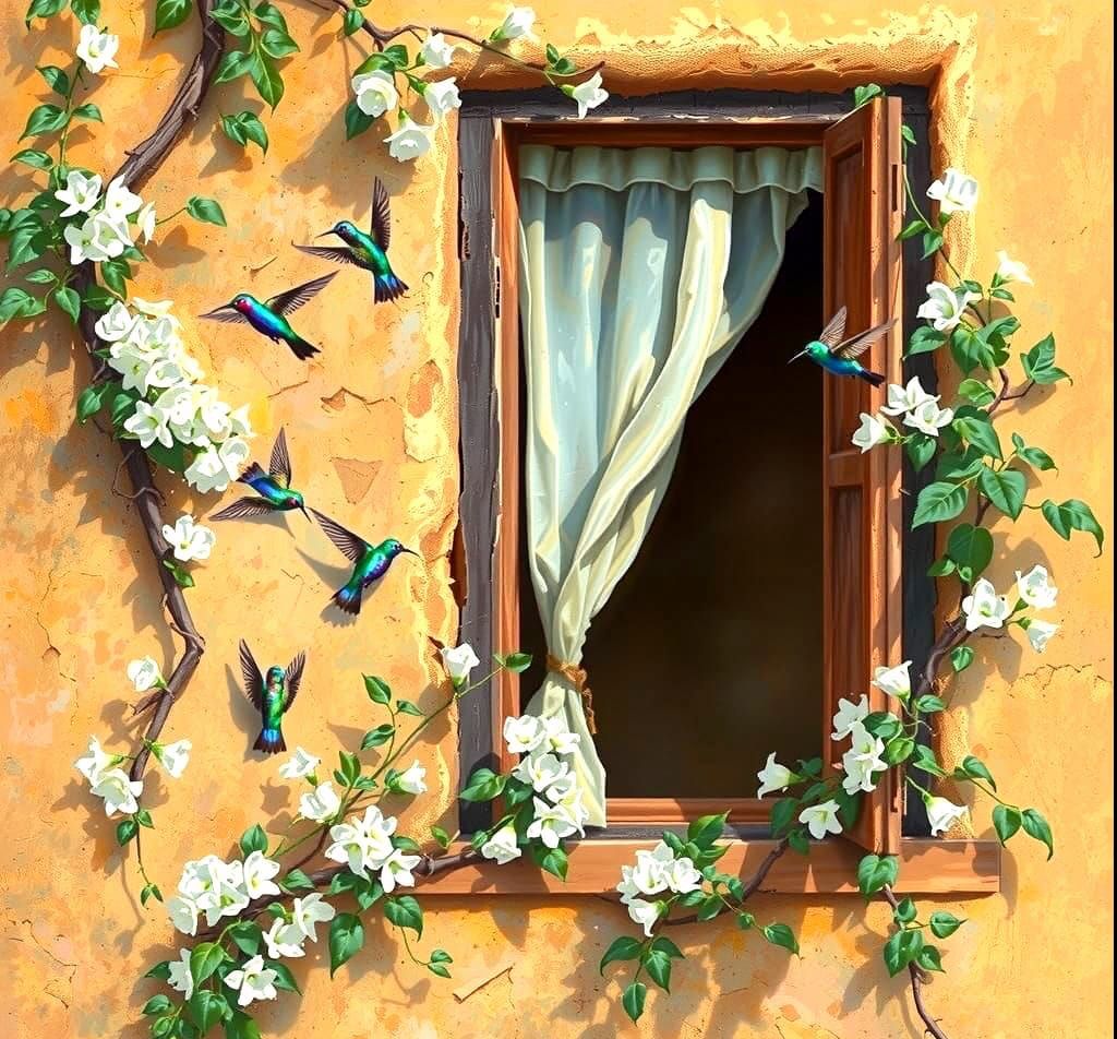 Vibrant Humming Birds Amidst Jasmine Vines in Adobe Setting