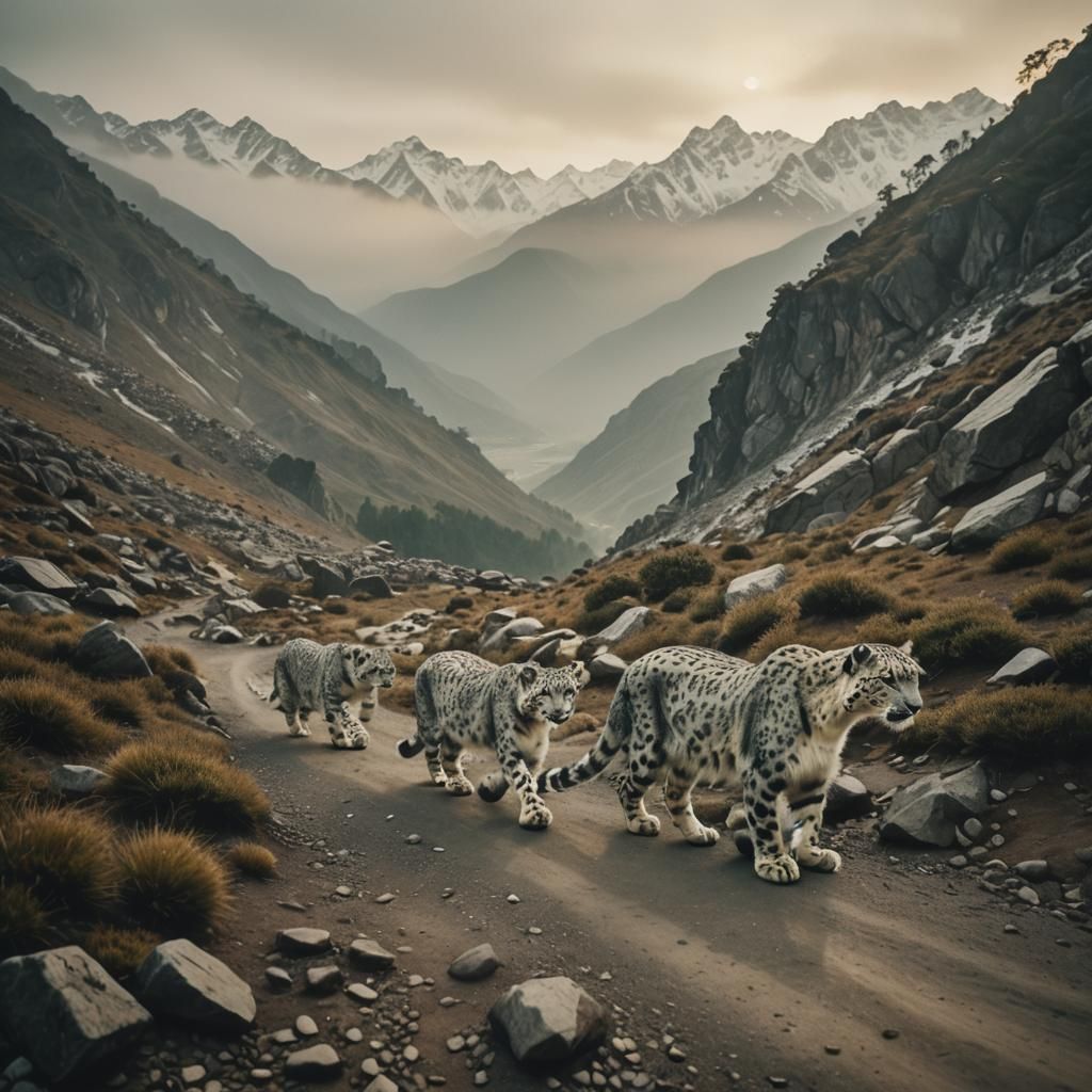 Snow Leopards in Misty Mountains: Cinematic Film Still
