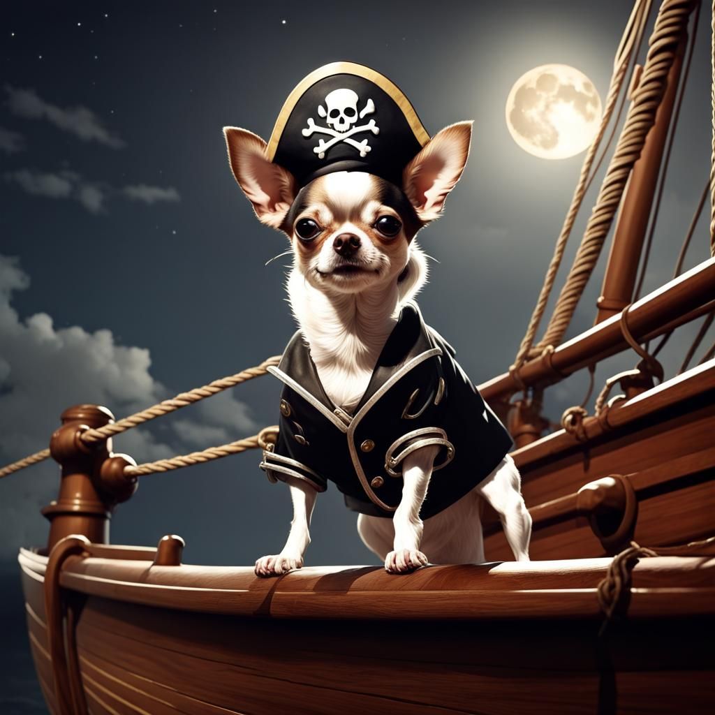 A Chihuahua dressed as a pirate standing on the bow of a shi...