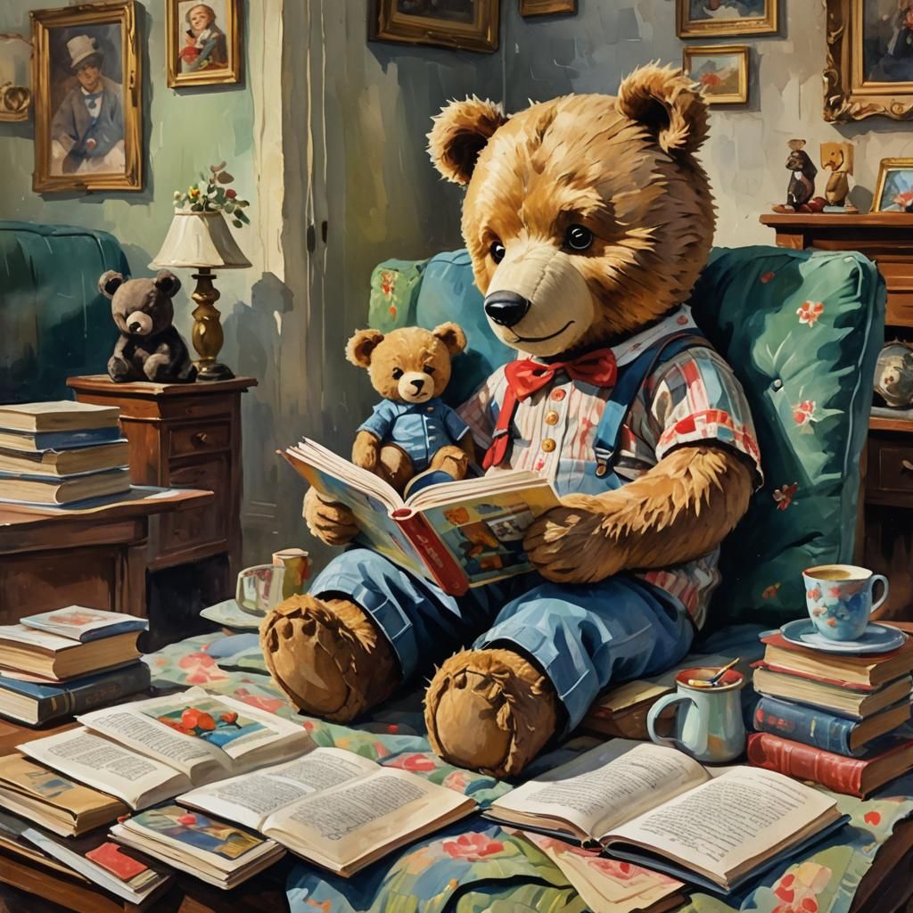 Teddy Bear's Bedtime Story: Gouache Impressionist Scene