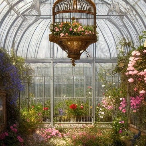 Ornate Bird Cage in Greenhouse, Art Nouveau Style