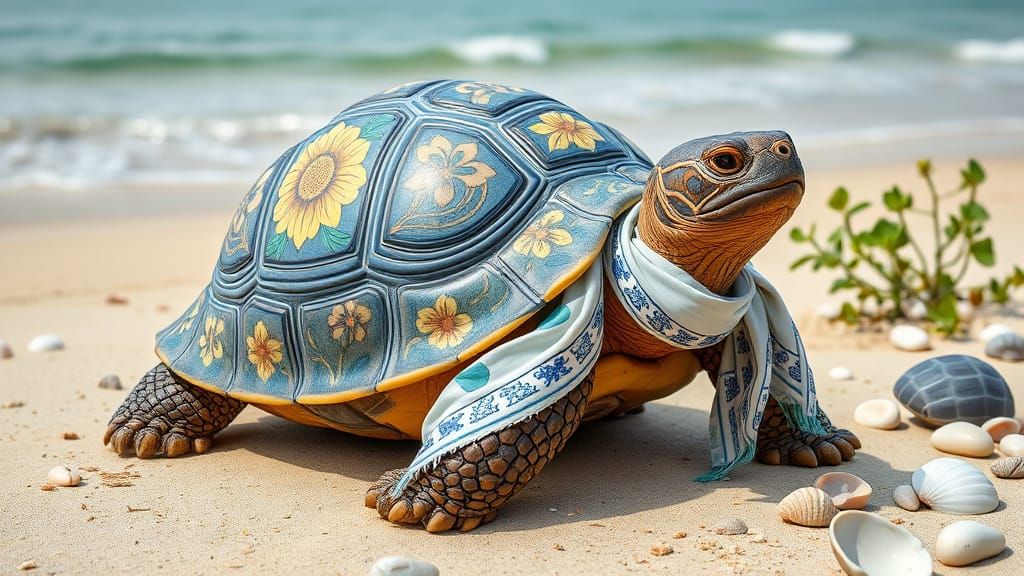 Tortoise with Porcelain Shell on Tropical Beach