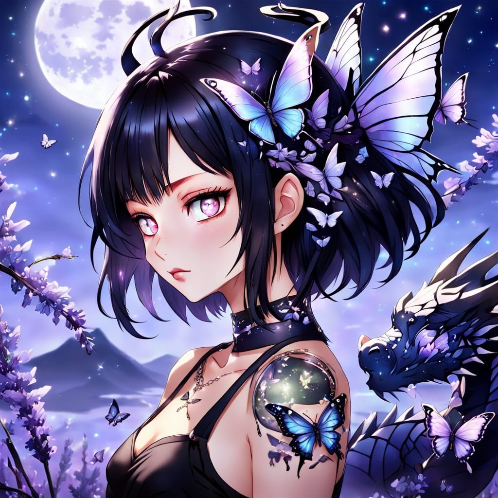 Anime Girl Under Moonlight with Dragon Tattoo and Butterflie...