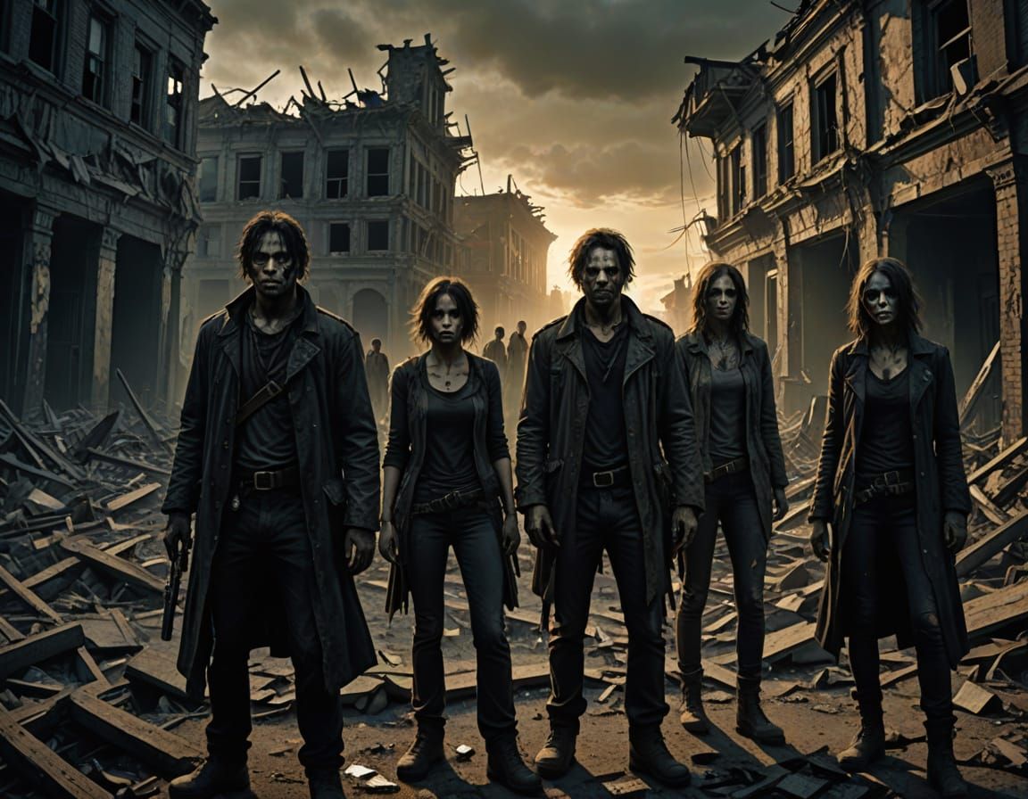 Zombie Horde in Destroyed City, Dark Fantasy Horror