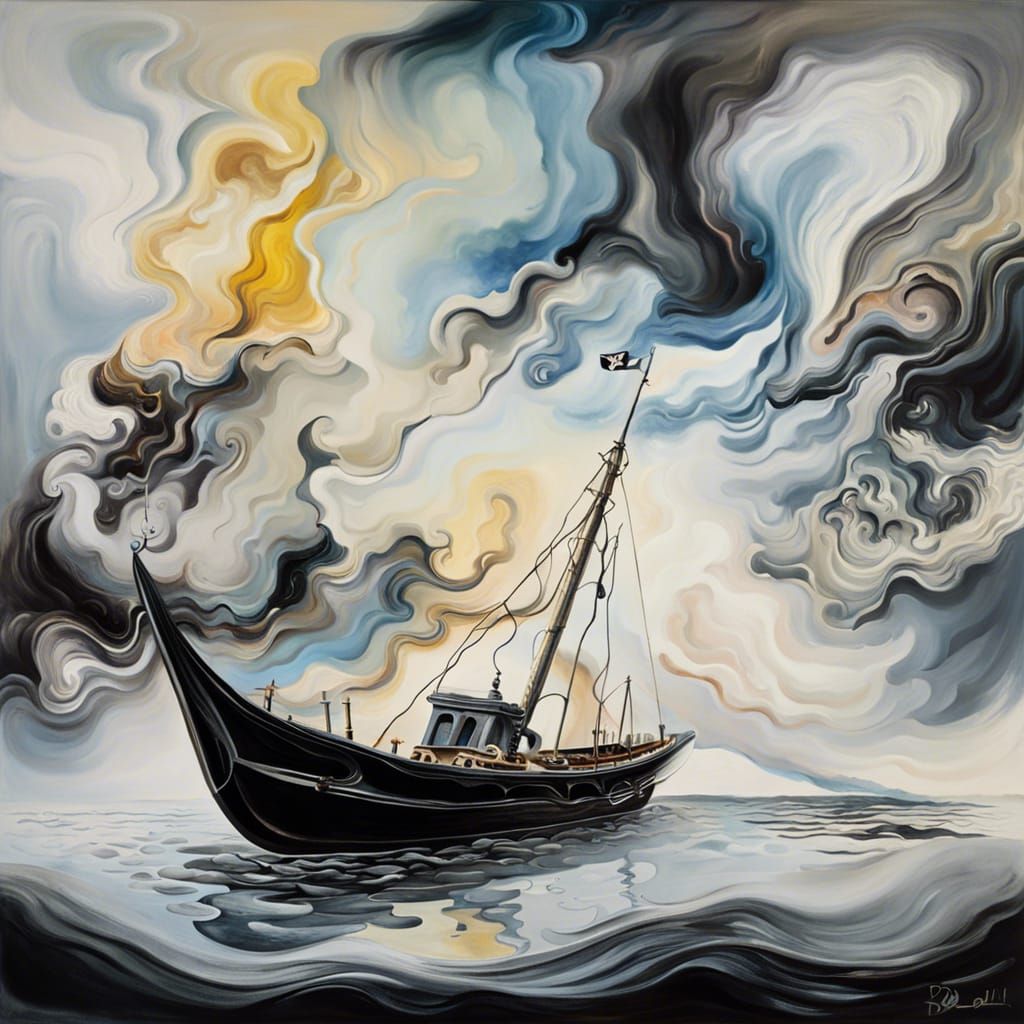 Black sailyboat on white cloud Random abstract art surrealism Salvador Dali matte background melting oil on canvas surre...