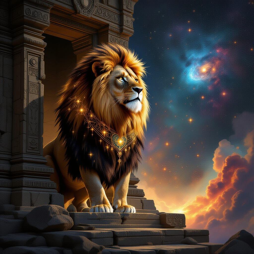 Cosmic Lion Guardian in Renaissance Style