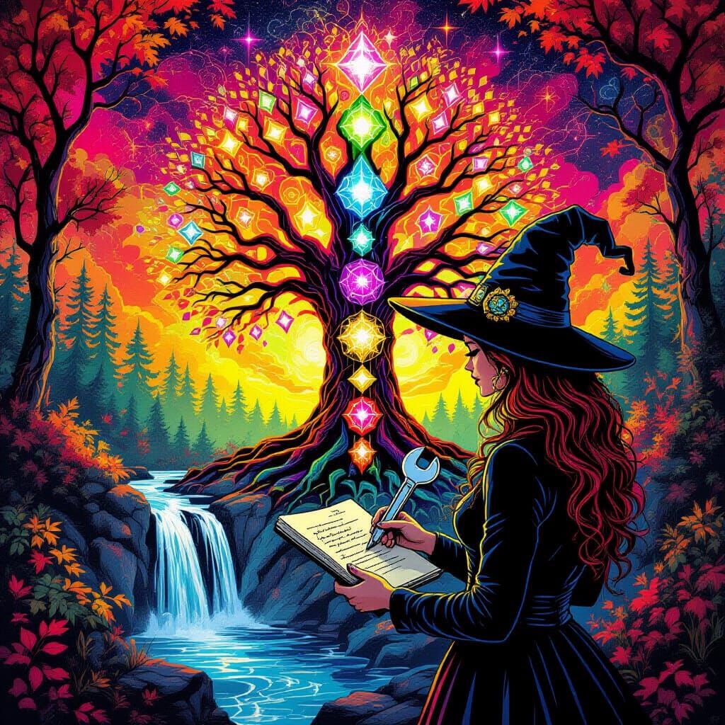 Cosmic Witch with Tree of Life in Psychedelic Graffiti Style