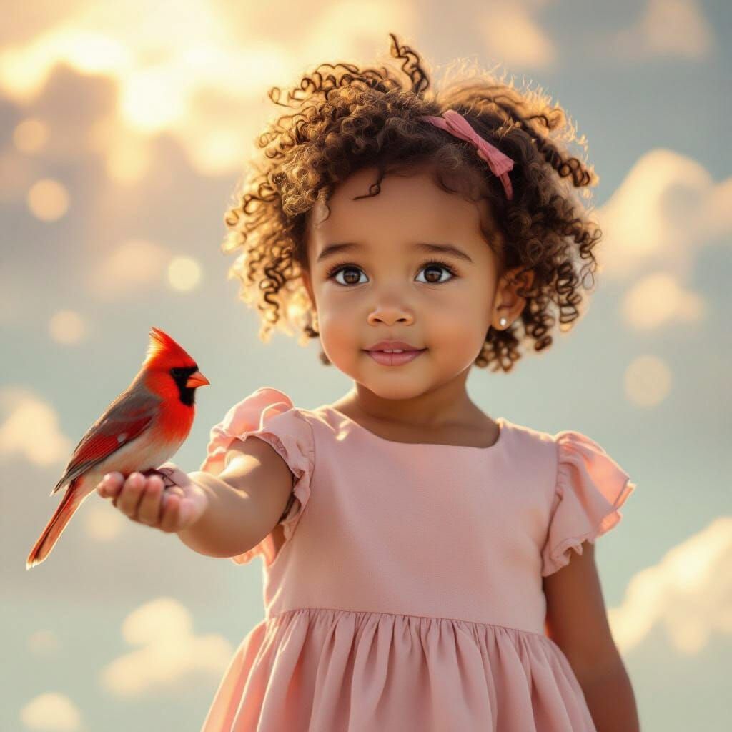 Girl in Pink Dress Offers Cardinal in Golden Hour Light