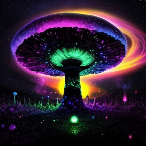 Psychedelic Mushrooms in 8D Galaxy Sunset