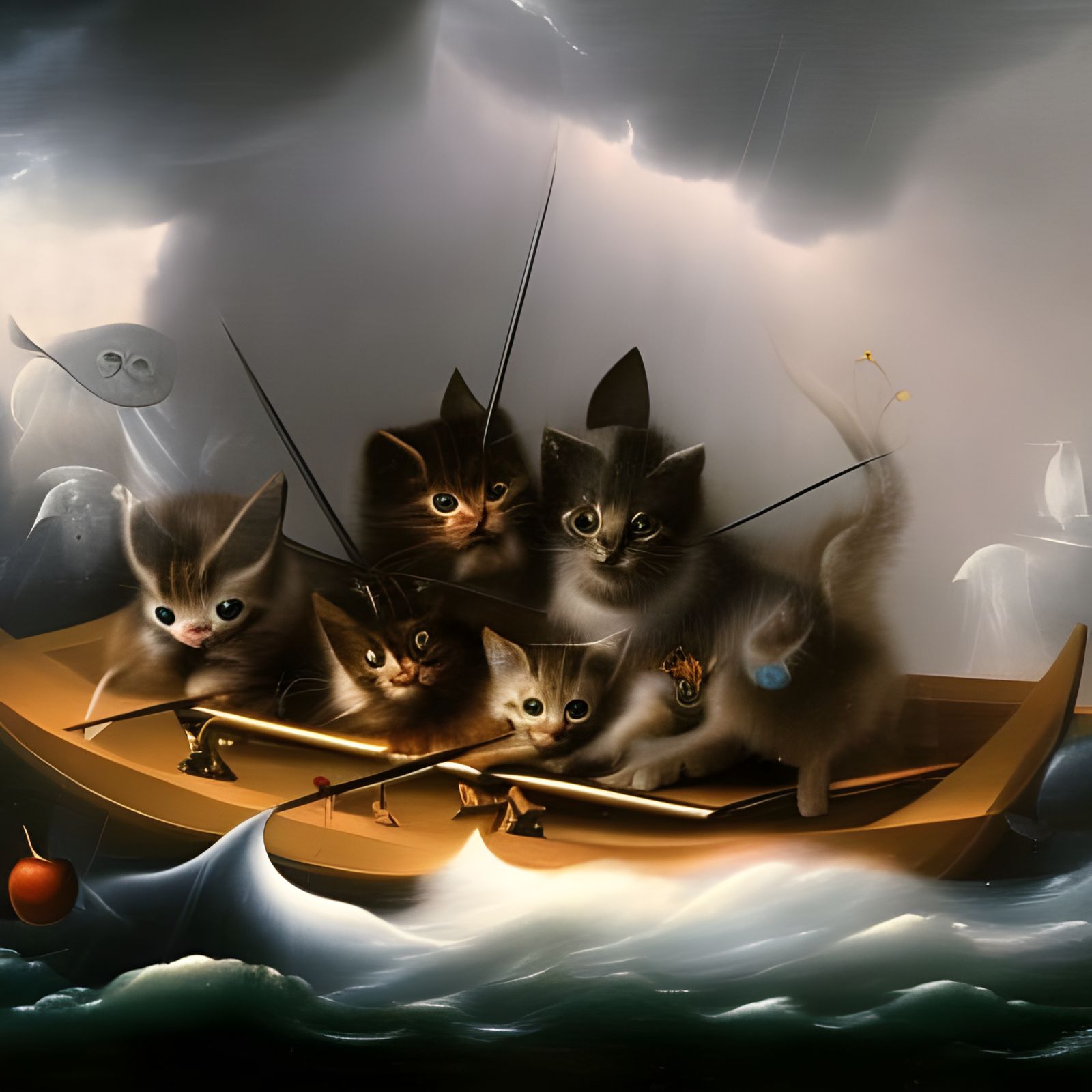 Kittens' Stormy Voyage: A Bosch-Inspired Scene
