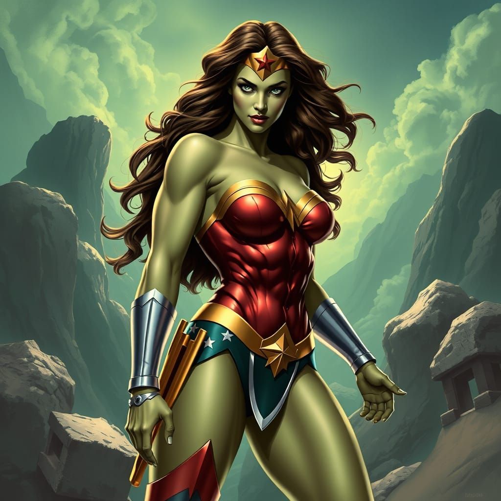 Surreal Wonder Woman as She-Hulk in Comic Book Art Style