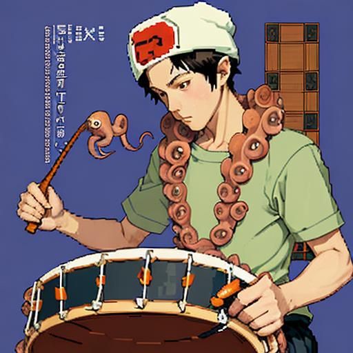 8-Bit Octopus Drummer in Anime Style Pixel Art