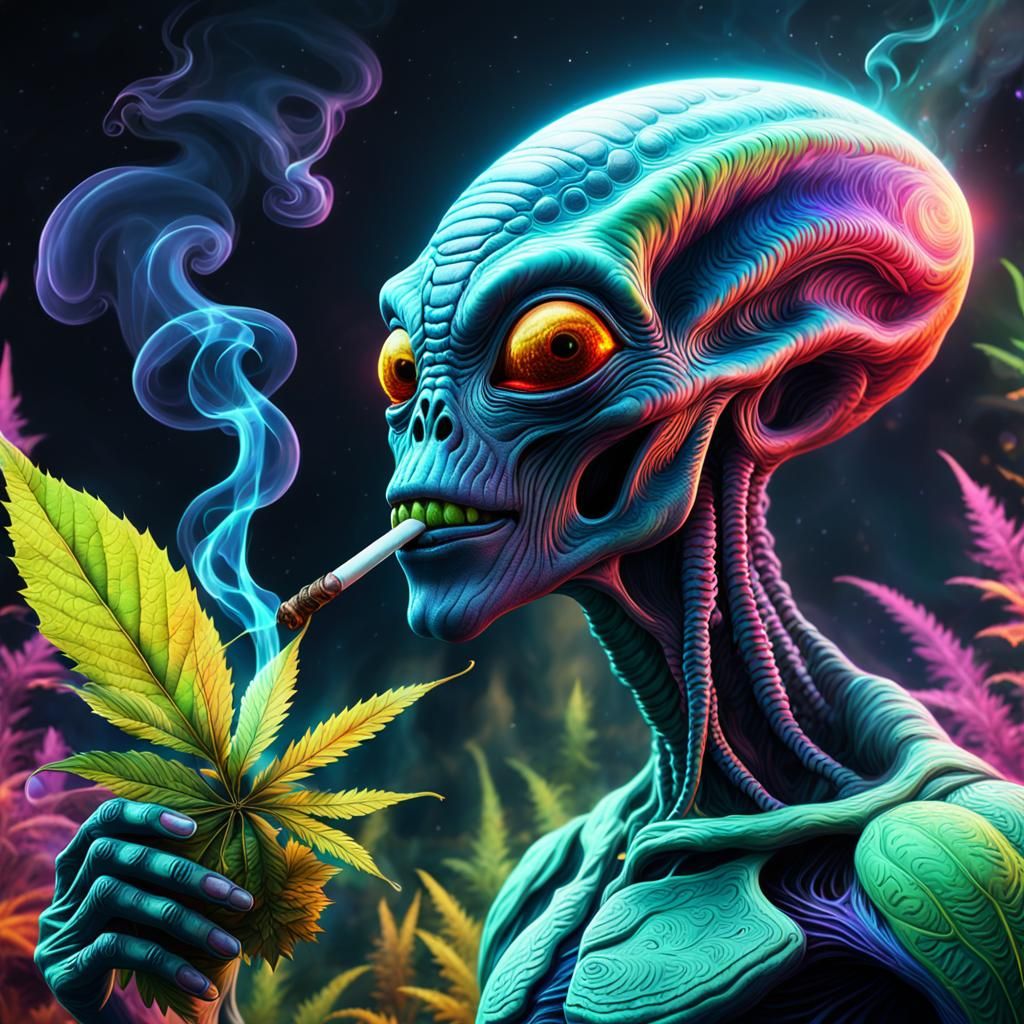 Vibrant Alien Smoking Marijuana in Outer Space
