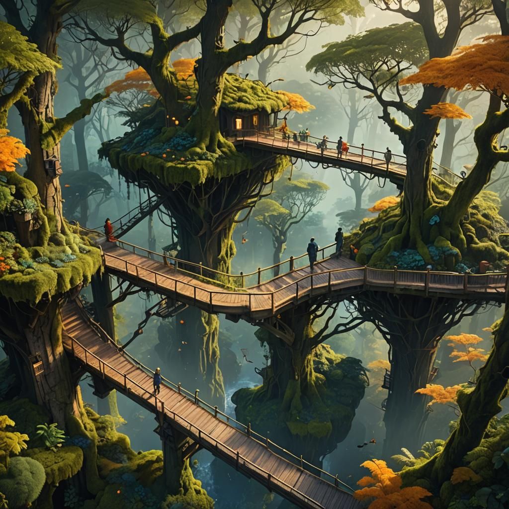 Forest Canopy Platforms in Digital Matte Painting Style