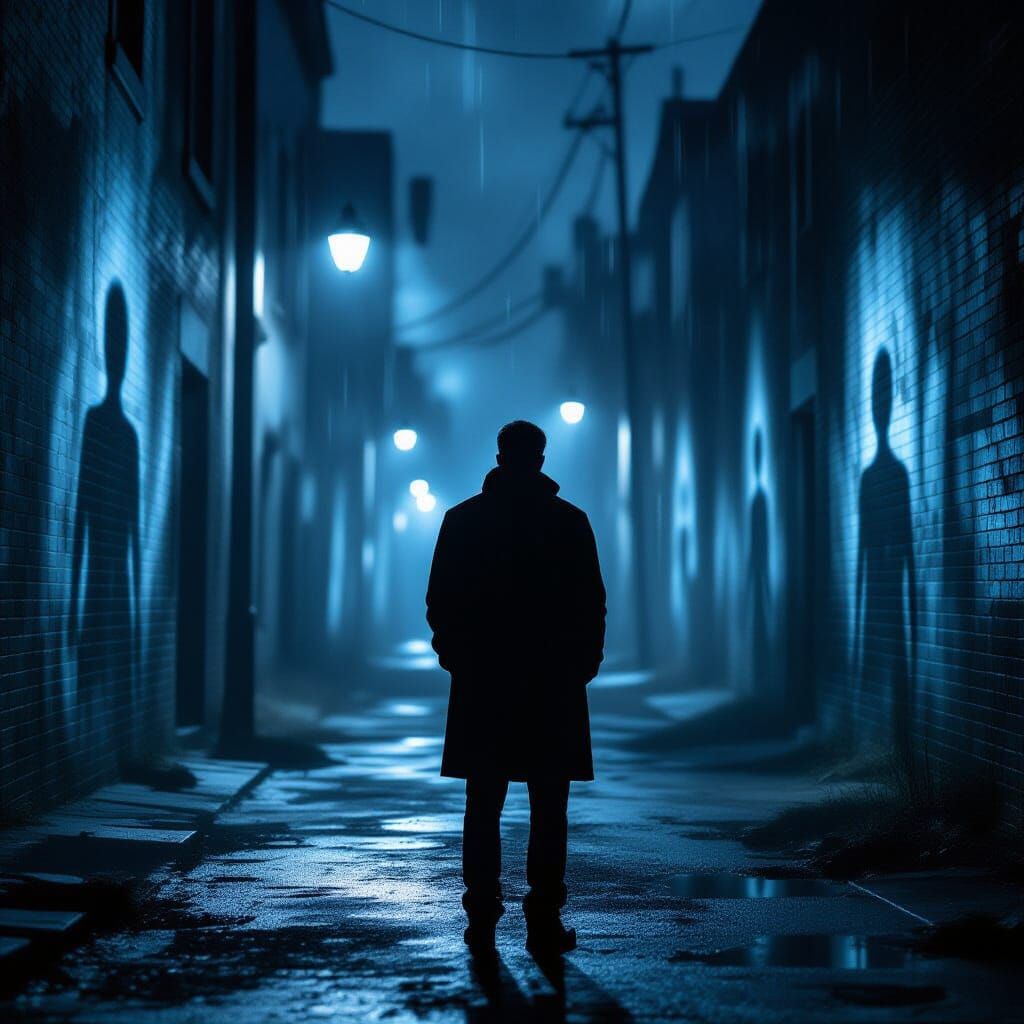 Man in Shadowy Street with Memory Projections