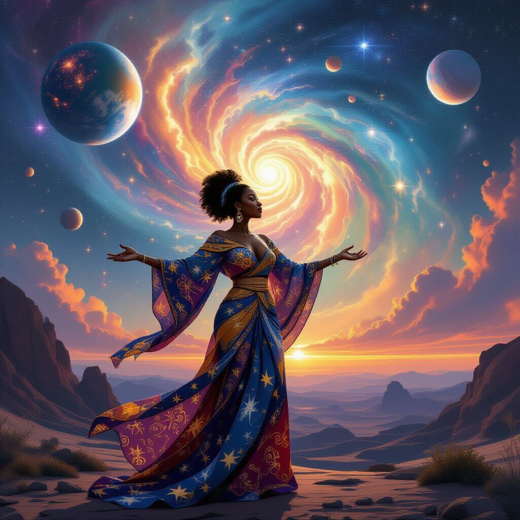 Afrofuturist Celestial Dance: Woman in Cosmic Tapestry