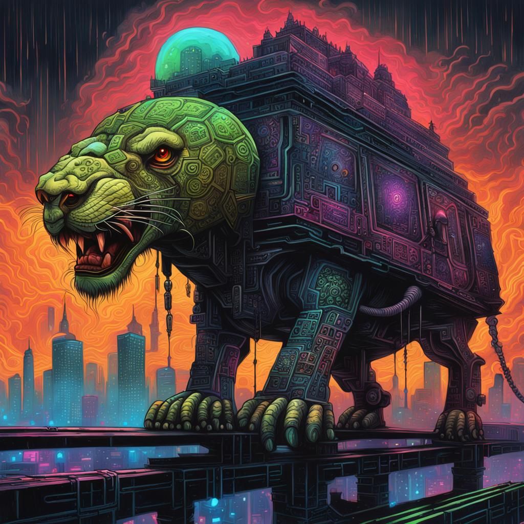 Lion-Headed Tortoise Carries Arabian City in Cyberpunk Style