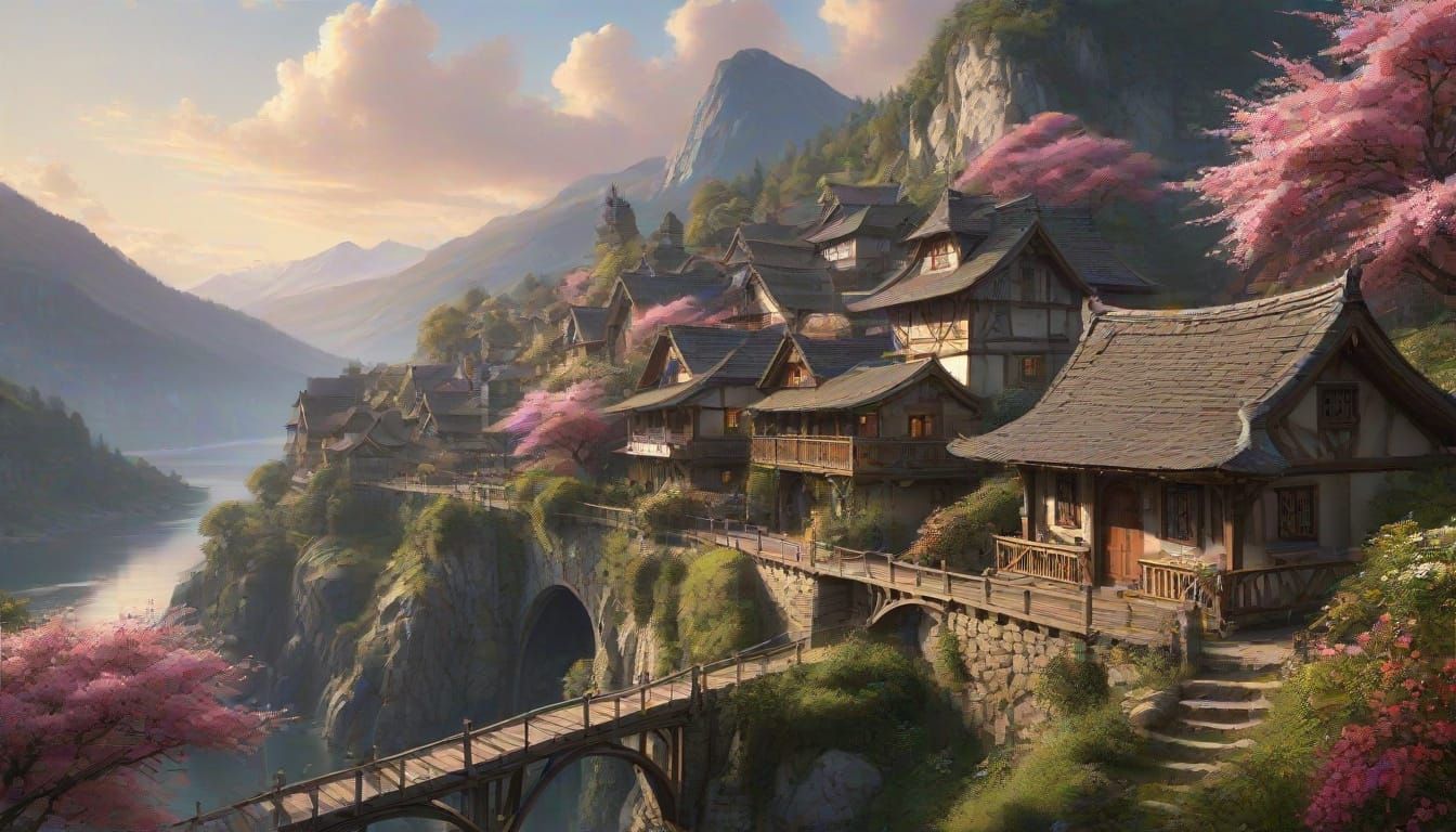 Medieval Mountain Village Under Cherry Blossom Glory
