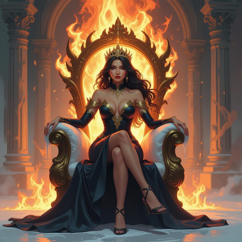 Fire Goddess on Ice Throne in Splash Art Style