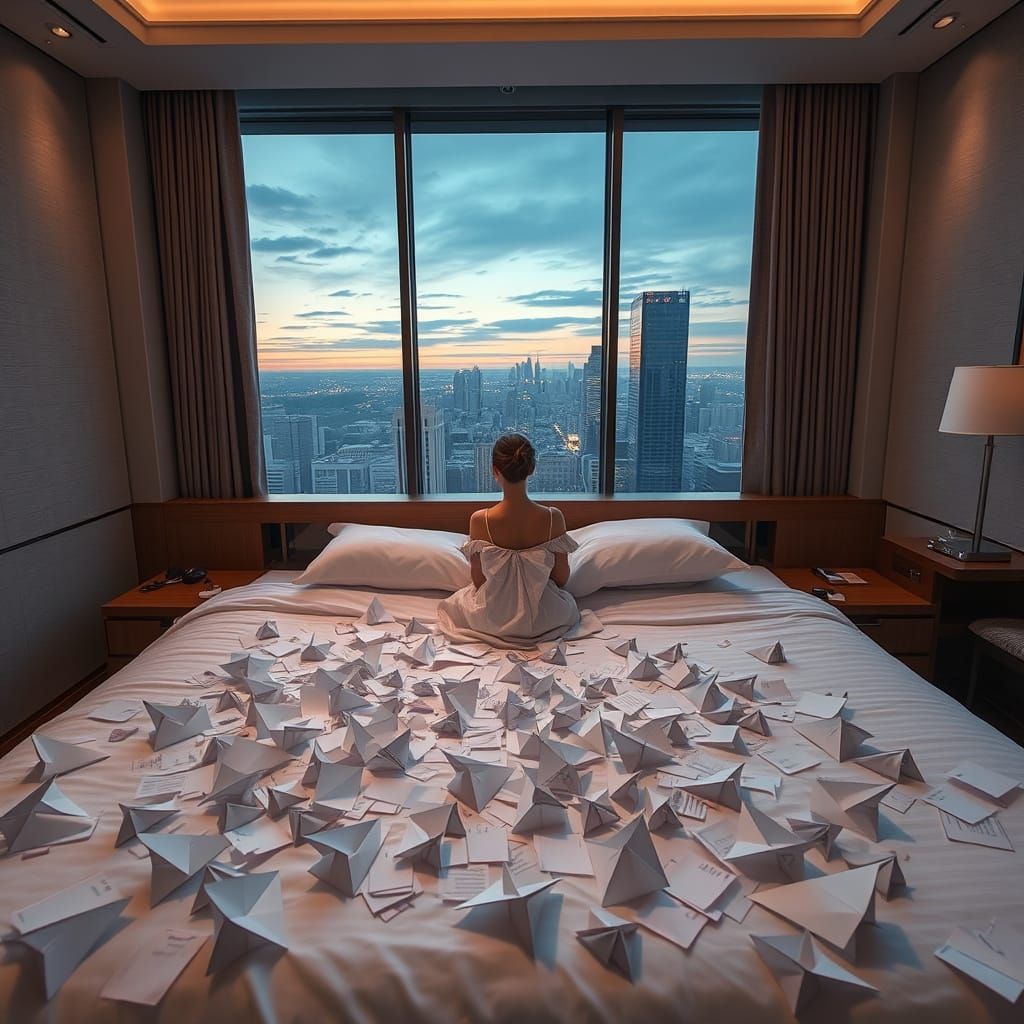 Ethereal Hotel Scene with Origami and Cityscape