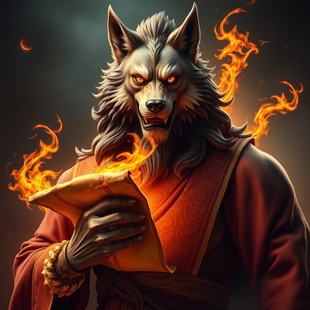 Canine God of Fire: Majestic, Inhumanly Tall Deity with Broa...
