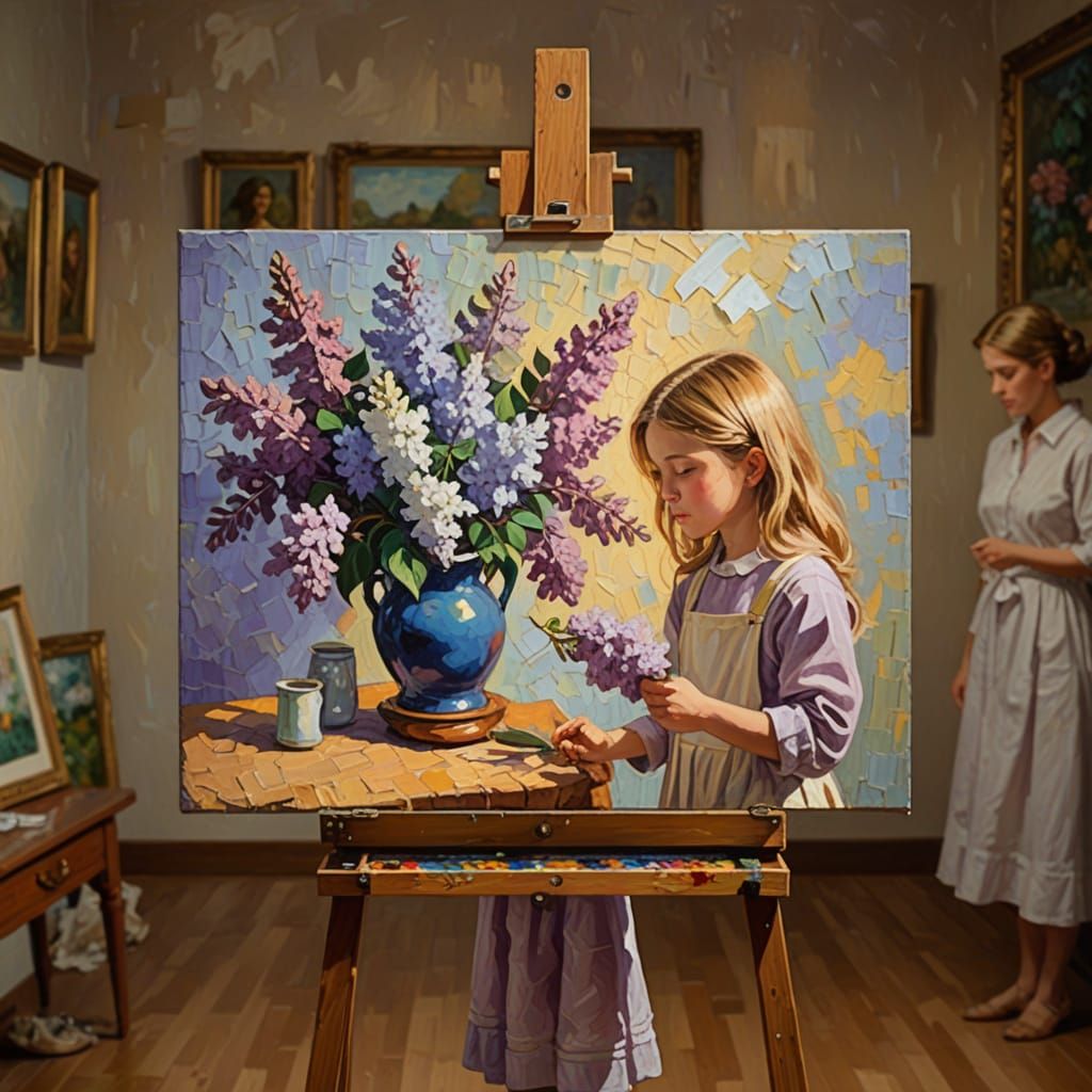 Child Viewing Lilacs Impasto Painting
