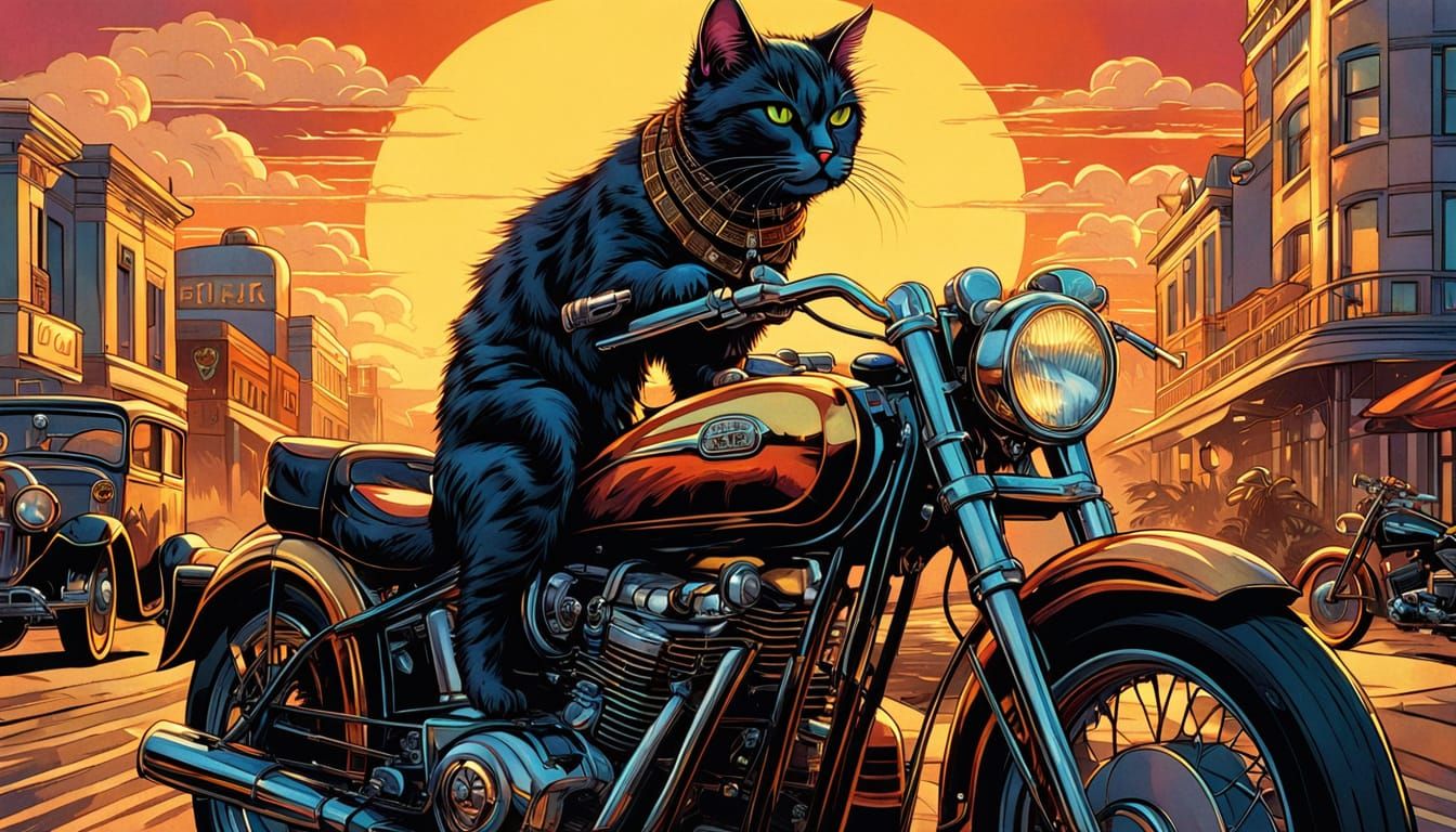 Art Deco Cat on Vintage Motorcycle