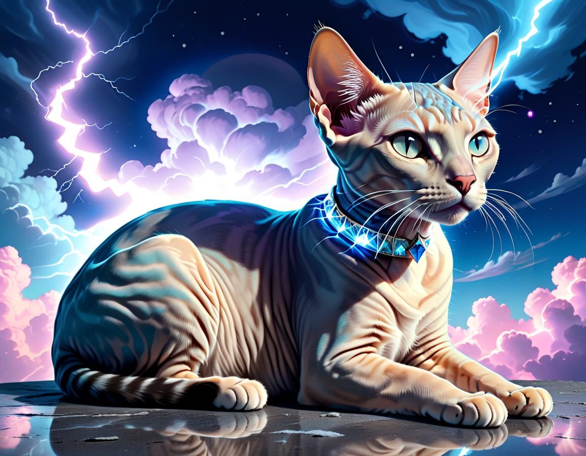 Glowing Egyptian Cat with Lightning in Psychedelic Sky