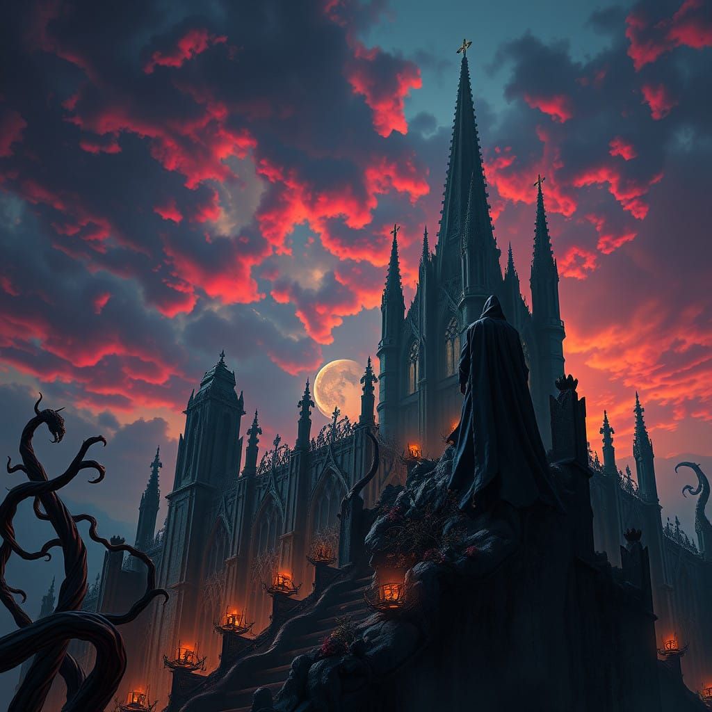 Gothic Fantasy Figure Amidst Ruined Cathedral