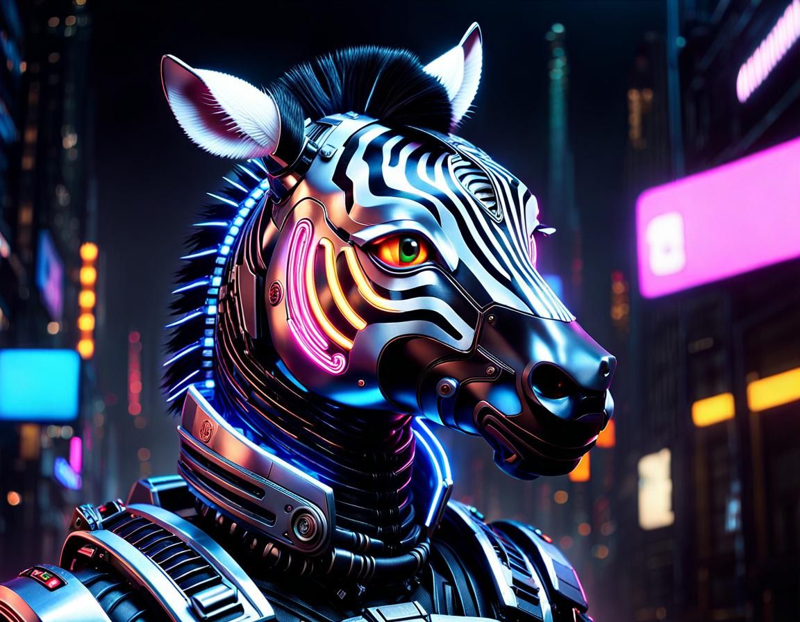 Cyberpunk Zebra Cyborg Portrait in Neon City