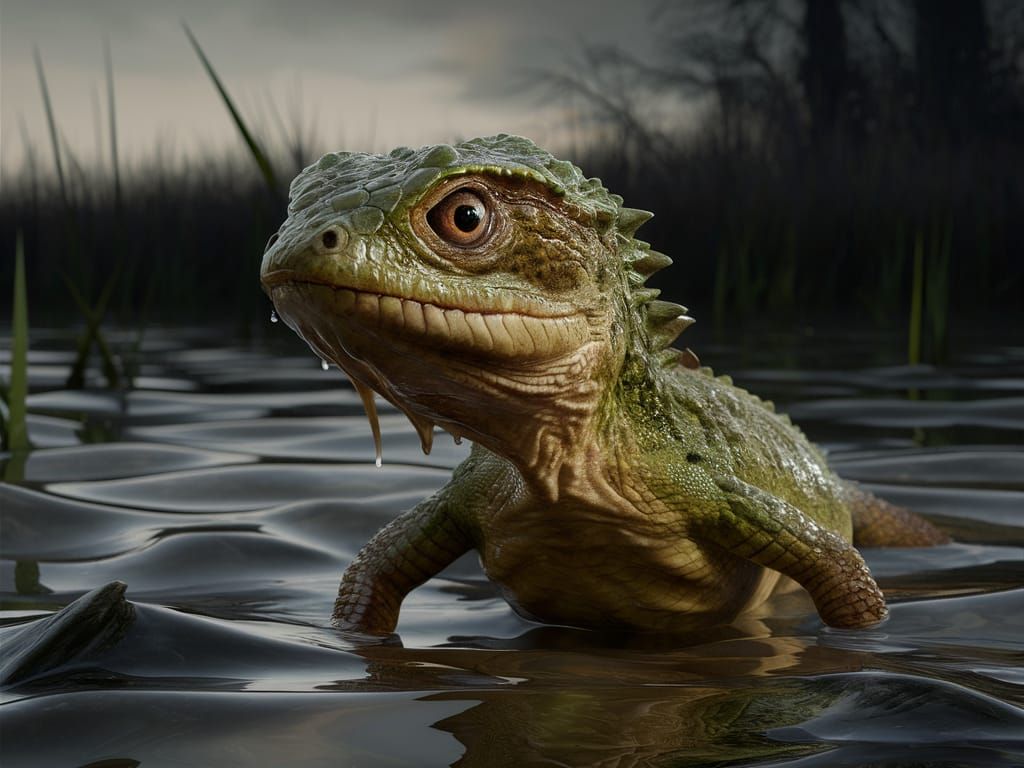 Reptilian Creature Emerges from Murky Swamp Waters
