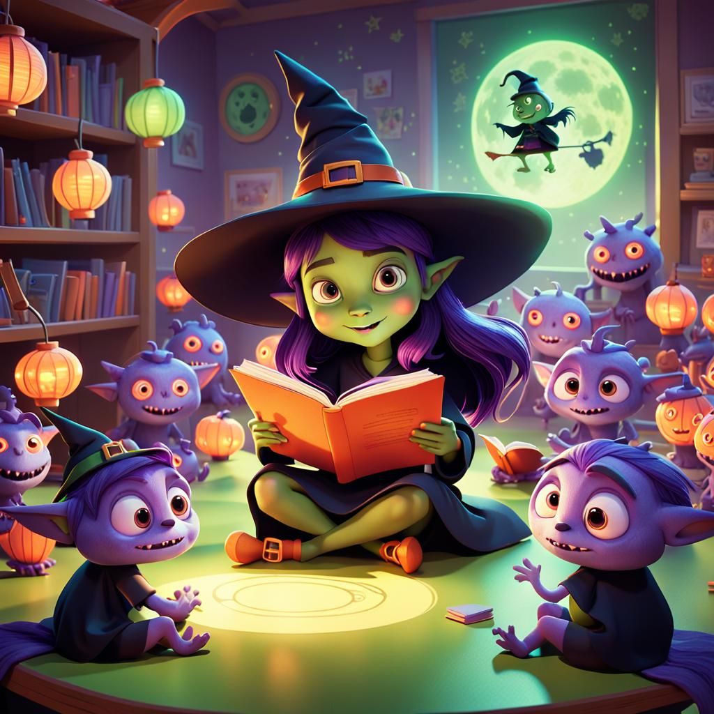 Cartoon Witch Reads to Monsters: 3D Digital Art