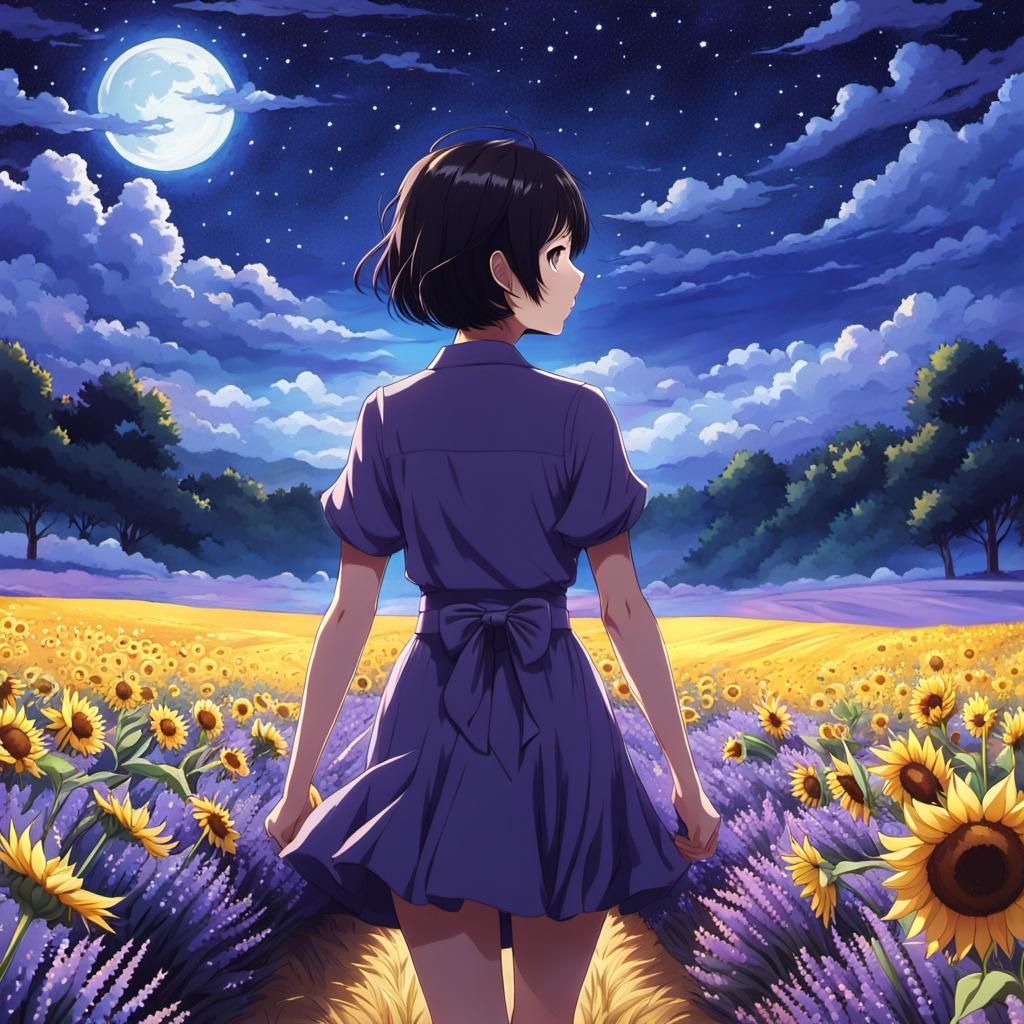 Woman in Lavender Field: Anime Style Night Scene