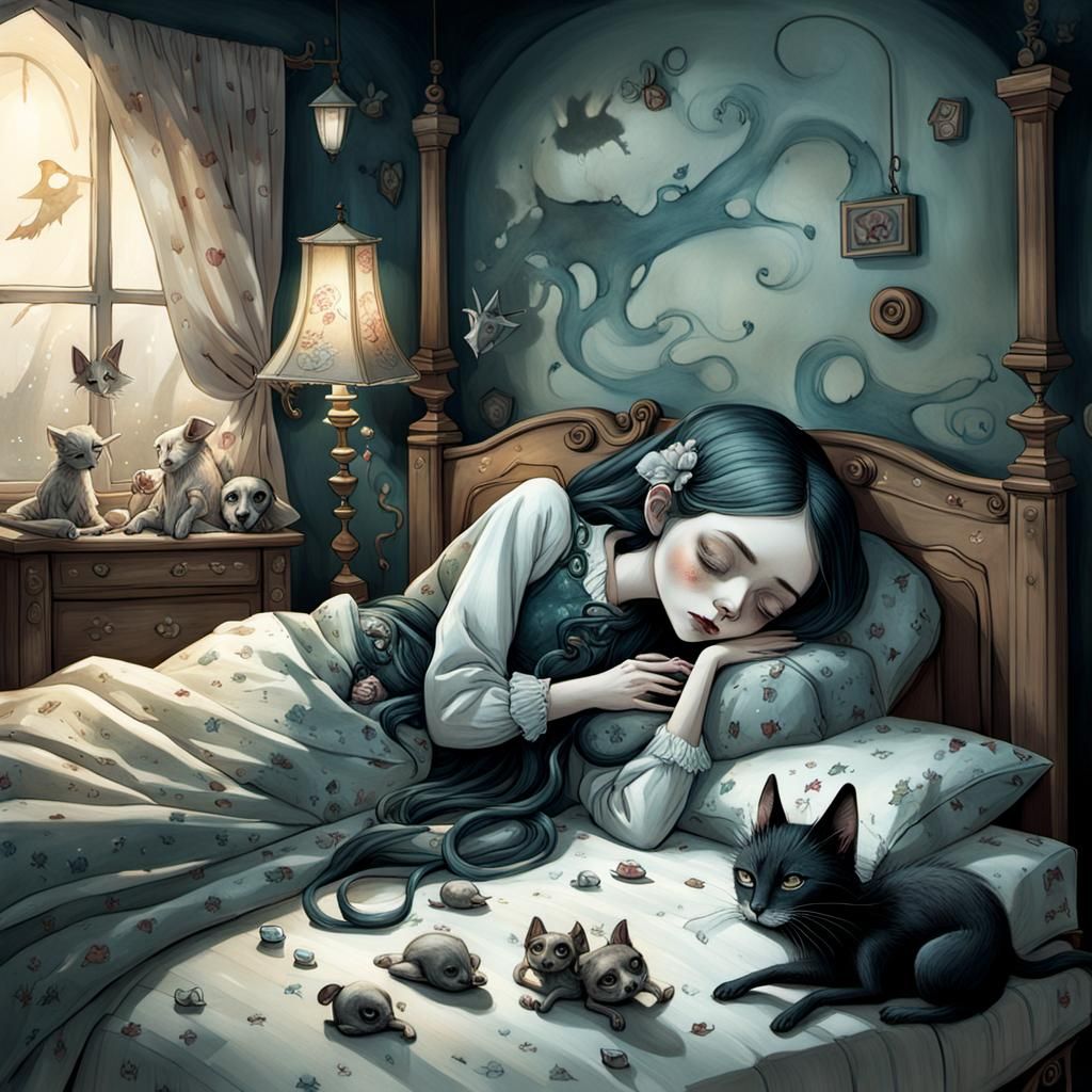 Woman and Pet Caricature in Dark Fantasy Style