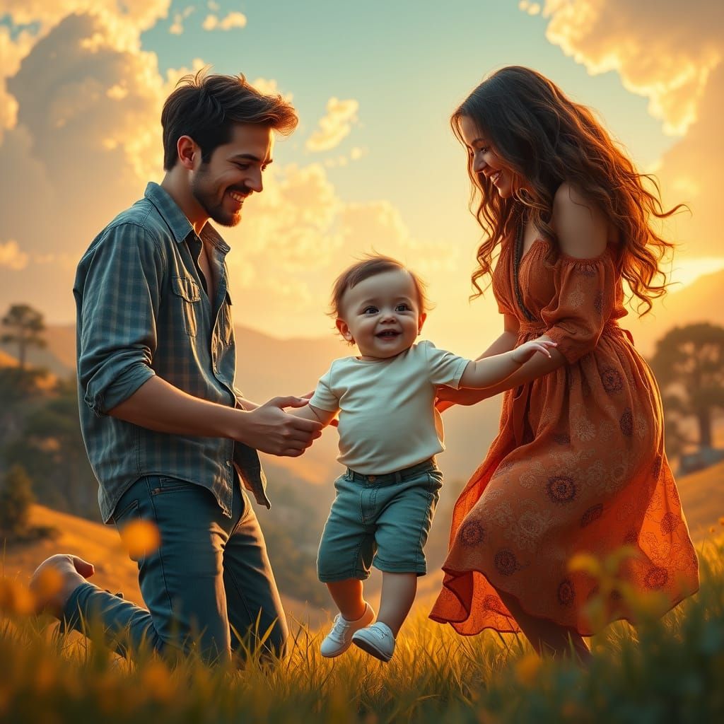 Whimsical Family Scene in Vibrant Fantasy Landscape