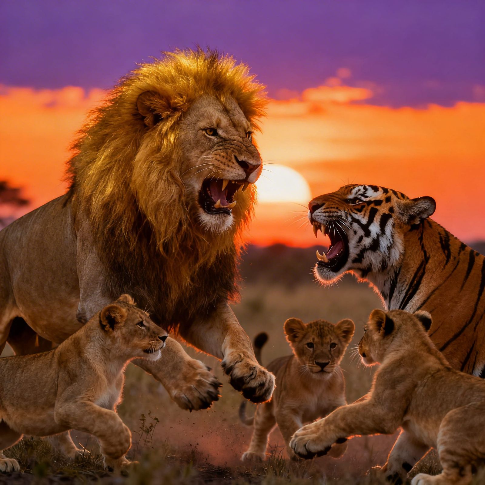 Lion Defends Pride From Tiger in Epic Savanna Sunset