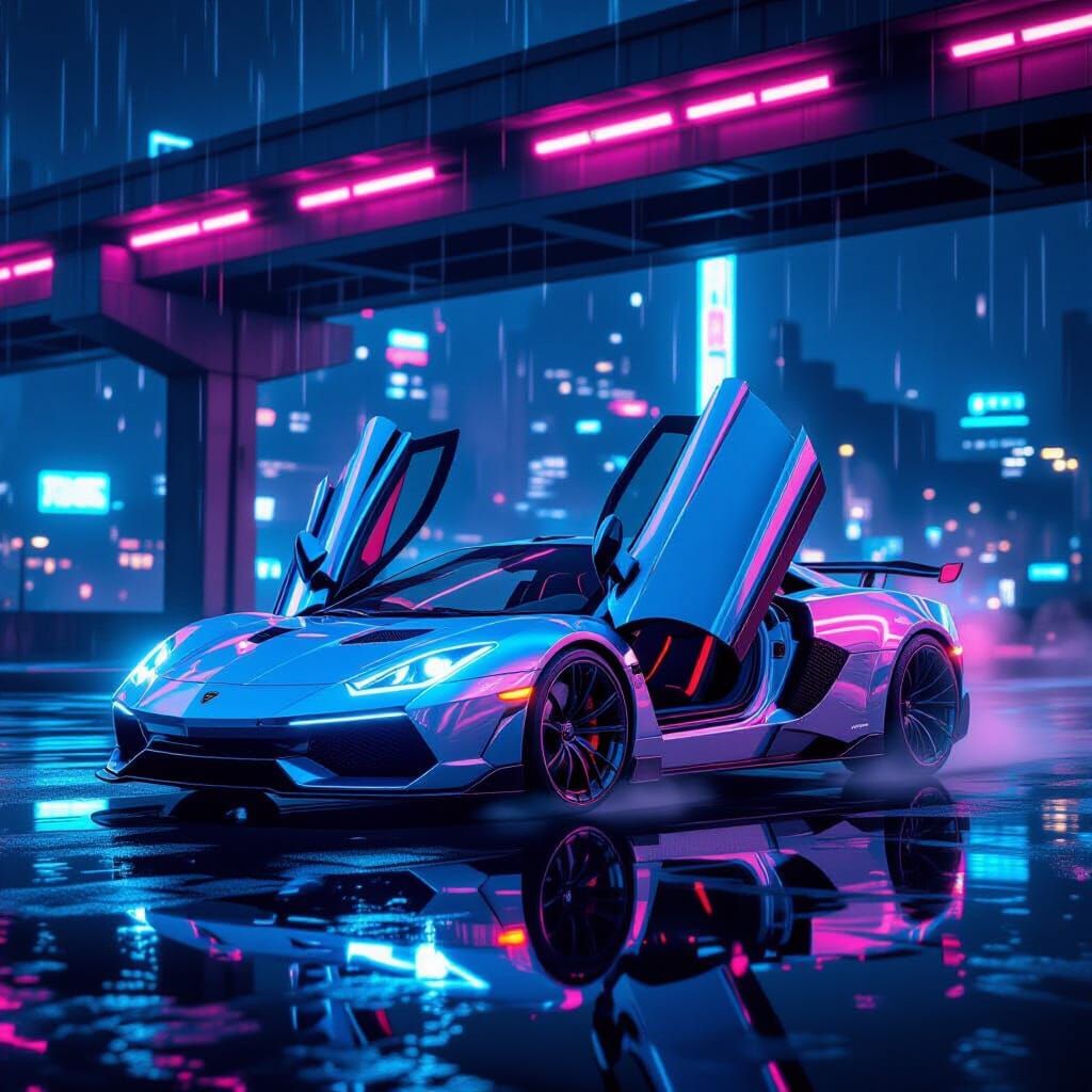 Futuristic Chrome Sports Car in Cyberpunk City