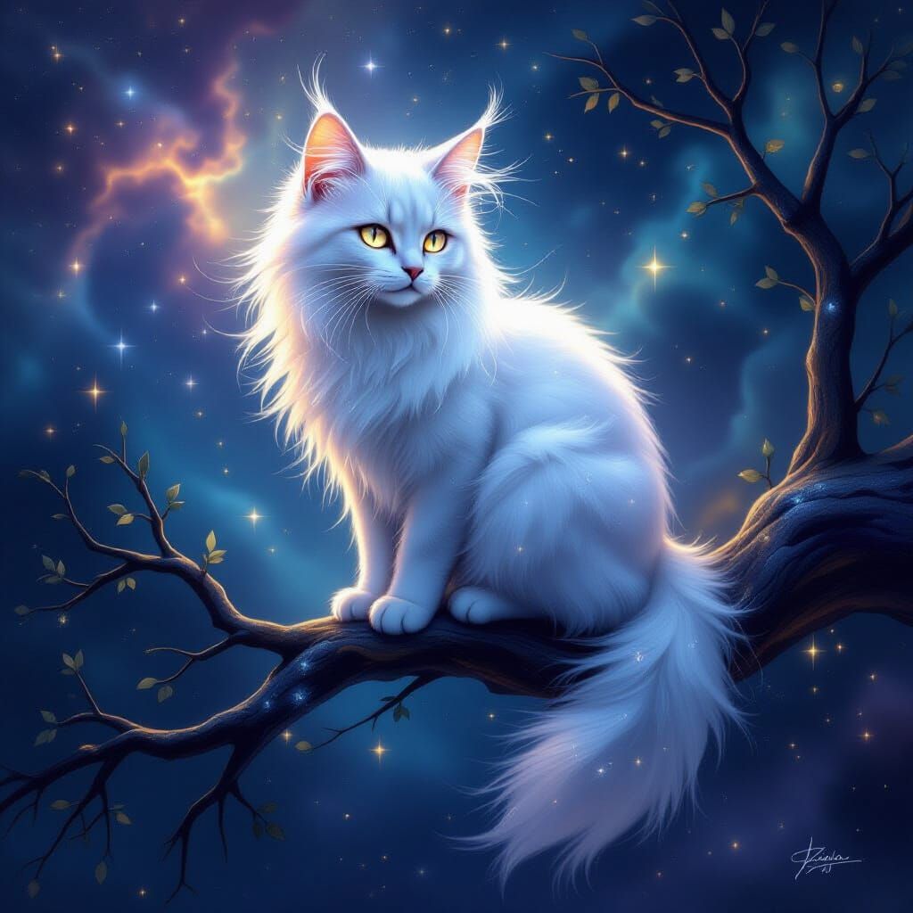 Mystical Cat on Celestial Branch in Nebula