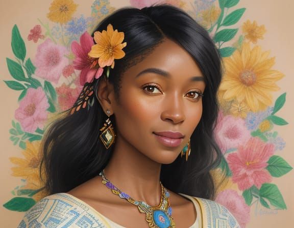 Smiling Woman Portrait with Vibrant Floral Background