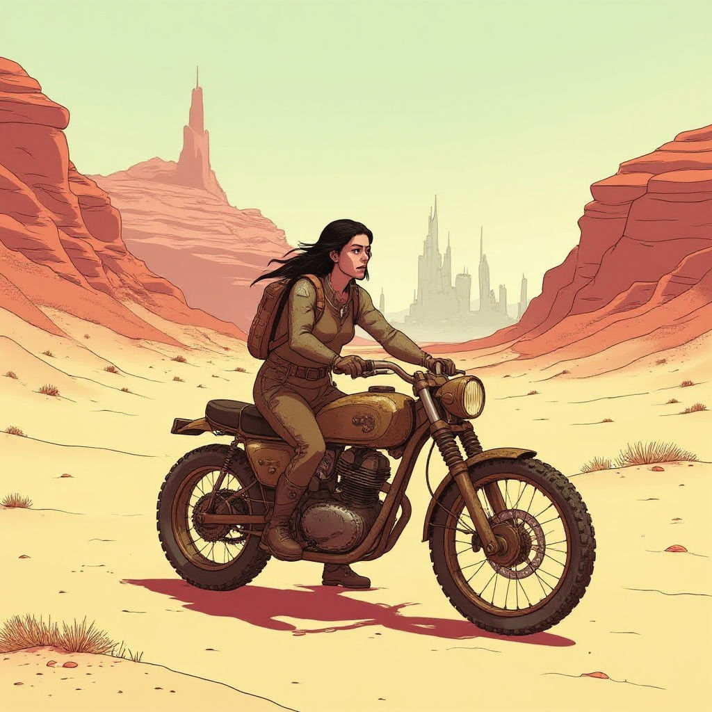 Stylized Sci-Fi Desert Landscape with Hoverbike