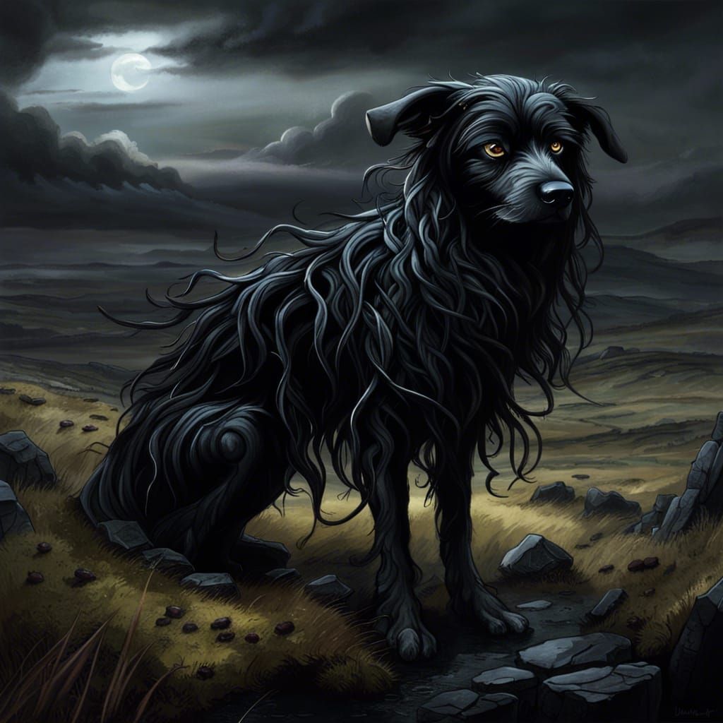 Black Fairy Dog in Scottish Moors Landscape