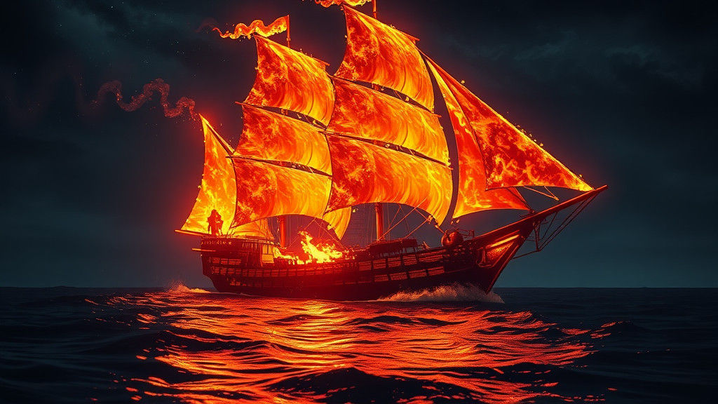 Fiery Ghost Ship Sailing Dark Seas