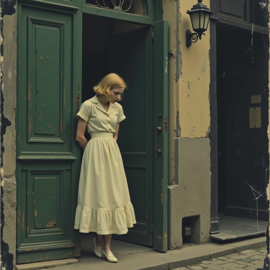 1940s Woman Hiding in Shadow on Old European Street