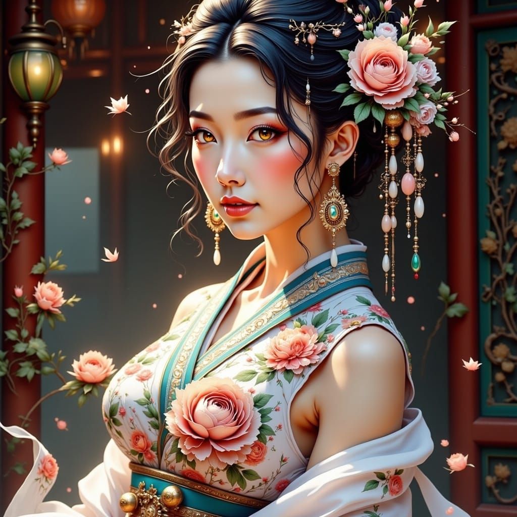 Asian-Inspired Costume with Floral Details