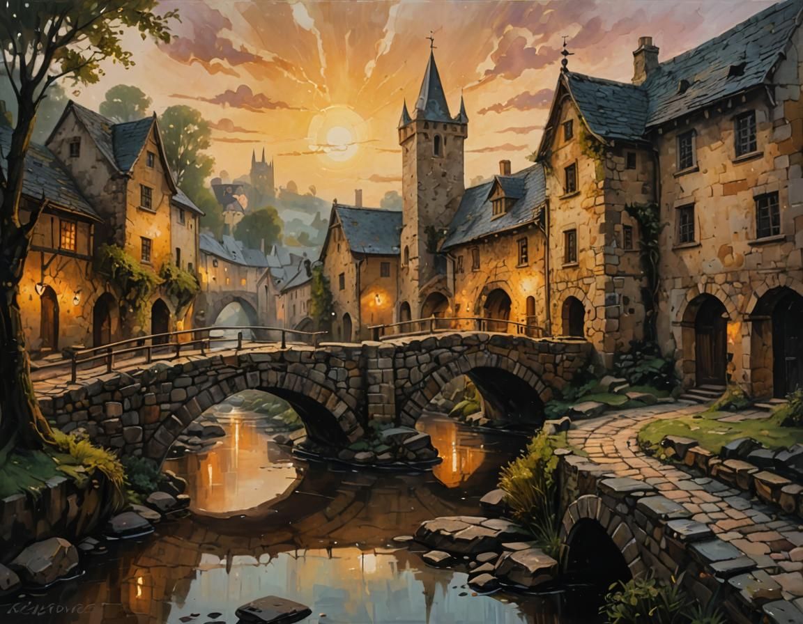 Medieval Town River Crossing as Acrylic Painting