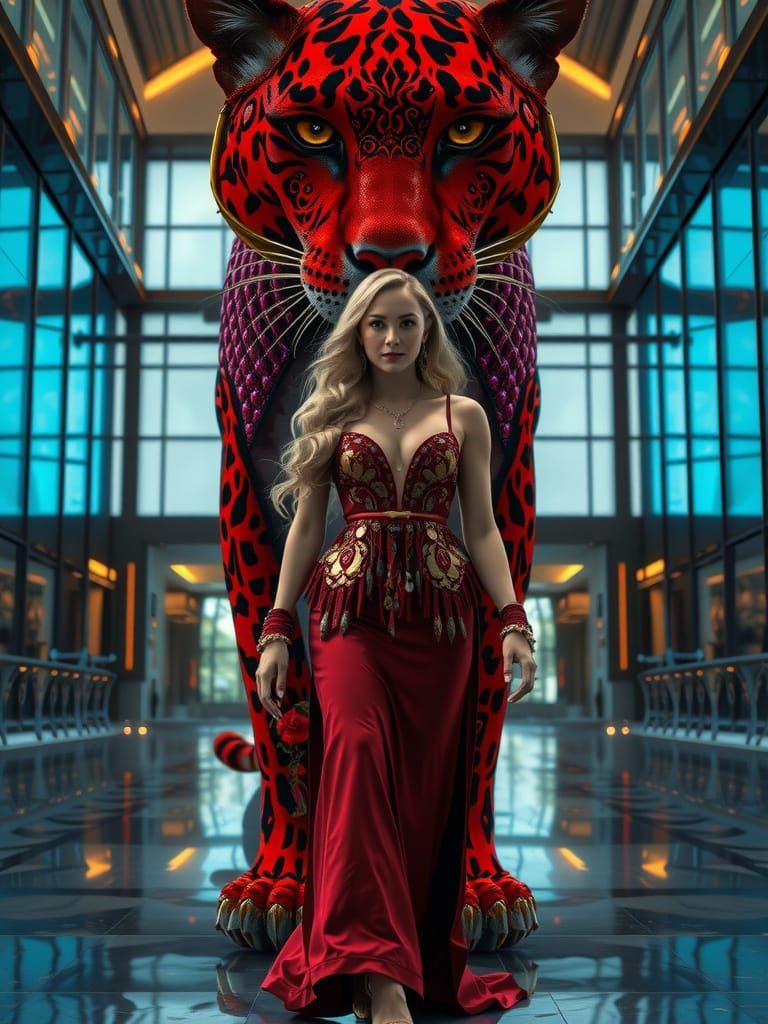 Woman and Jeweled Panther in Photorealistic Style